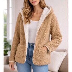 Love Tree Sherpa Hoodie Jacket Sz M Cozy Reversible Fleece Pockets Open Front
